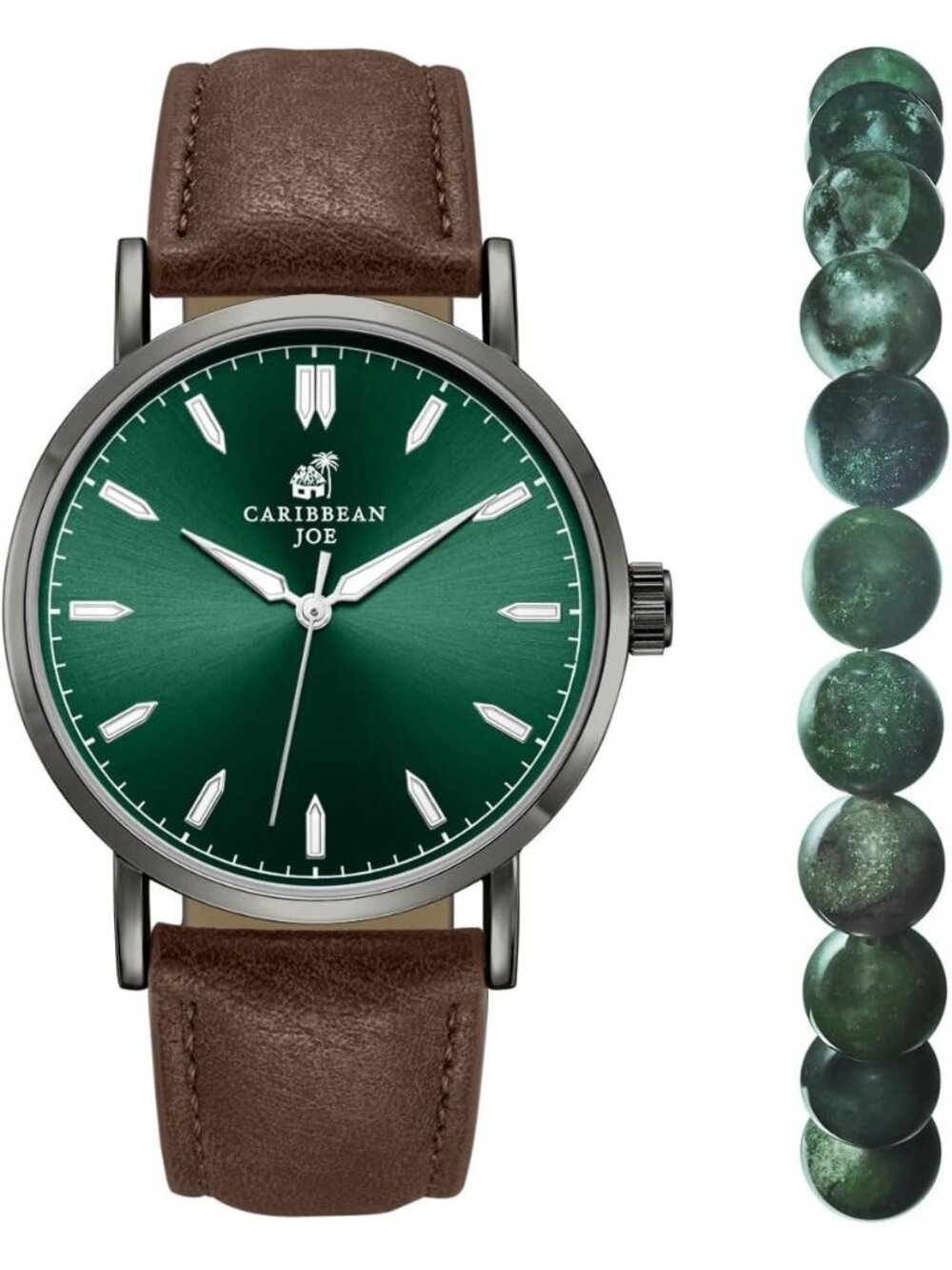 Men’s Green Brown Metal Case Beaded Bracelet Set Sunray Dial Wrist Watches